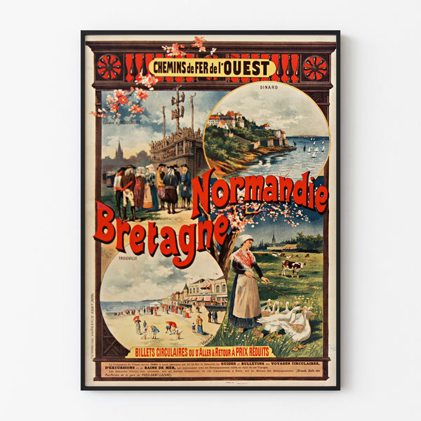 Manifesto Normandia vintage – Normandia e Bretagna — ferrovie dell’Ouest, in cornice sottile su una parete chiara.