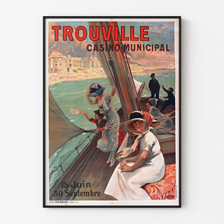 Poster Normandia vintage – Trouville, casinò municipale, presentato in una cornice sottile su una parete chiara.