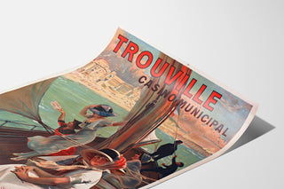 Manifesto Normandia vintage – Trouville, casino municipale, presentato su una pagina curva, visto in prospettiva.