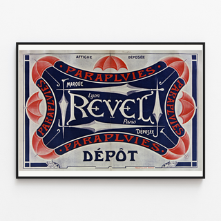 Manifesto Ombrelli Revel — Marchio registrato, Lyon, Paris, presentato in una cornice sottile su una parete chiara.