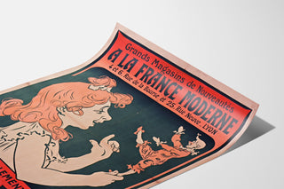 Manifesto pubblicitario vintage À la France moderne, Lyon, mostrato su una pagina curva, vista prospettica.