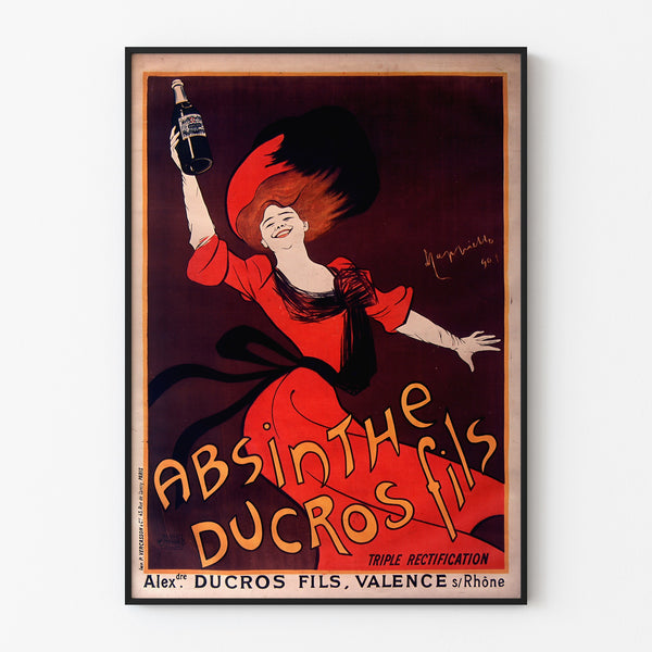 Manifesto pubblicitario vintage Absinthe Ducros, esposto in una cornice sottile su una parete chiara.