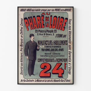 Manifesto pubblicitario vintage Au Phare de la Loire, abbigliamento, presentato in una cornice sottile su una parete chiara.