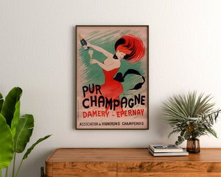Manifesto pubblicitario vintage Champagne Damery-Épernay, incorniciato sopra una credenza in legno, tra delle piante.