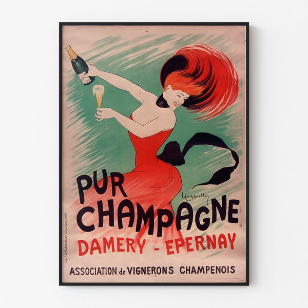 Manifesto pubblicitario vintage Champagne Damery-Épernay, esposto in una cornice sottile su una parete chiara.