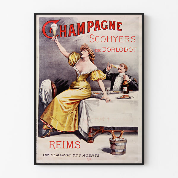 Manifesto pubblicitario vintage Champagne Scohyers de Dorlodot, inserito in una cornice sottile su una parete chiara.