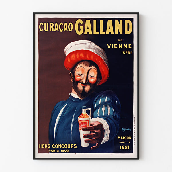 Manifesto pubblicitario vintage Curaçao Galland, esposto in una cornice sottile su una parete chiara.