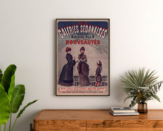 Manifesto pubblicitario vintage Galeries sedanaises, novità, incorniciato sopra una cassettiera in legno, tra delle piante.