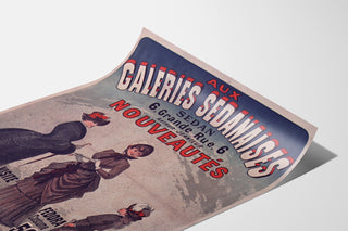 Manifesto pubblicitario vintage Galeries sedanaises, novità, presentato su una pagina curva, visto in prospettiva.