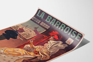 Manifesto pubblicitario vintage La Barroise, mostrato su una pagina incurvata, visto in prospettiva.