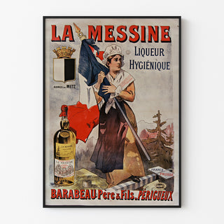 Manifesto pubblicitario vintage La Messine, liquore, in cornice sottile su una parete chiara.