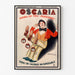 Manifesto pubblicitario vintage Oscaria, calzature, esposto in una cornice sottile su una parete chiara.