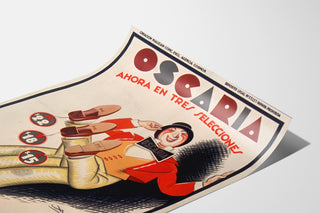 Manifesto pubblicitario vintage Oscaria, calzature, esposto su una pagina incurvata, visto in prospettiva.