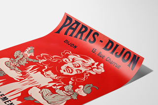 Manifesto pubblicitario vintage Paris-Dijon, giocattoli e regali, presentato su una pagina incurvata, vista prospettica.