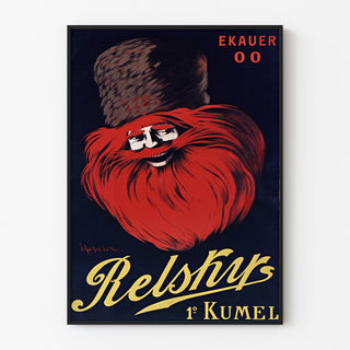 Manifesto pubblicitario vintage Relskyr - 1° Kumel, esposto in una cornice sottile su una parete chiara.
