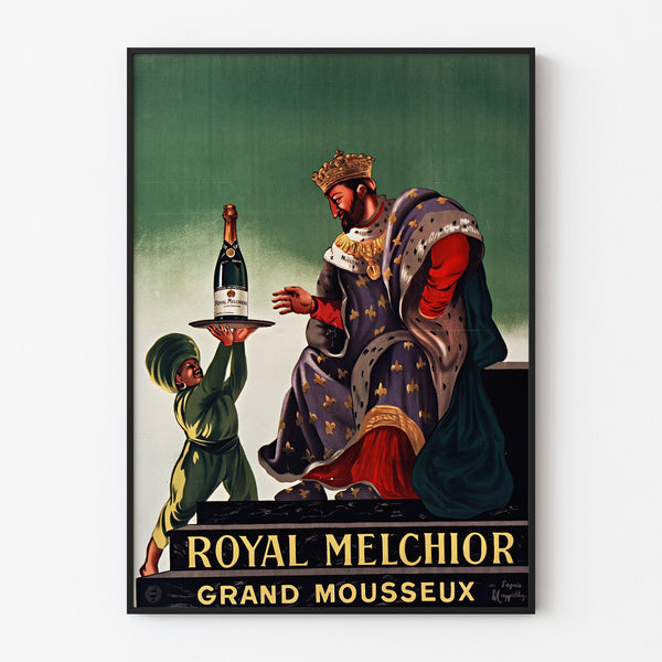 Manifesto pubblicitario vintage Royal Melchior, grand mousseux, esposto in una cornice sottile su una parete chiara.