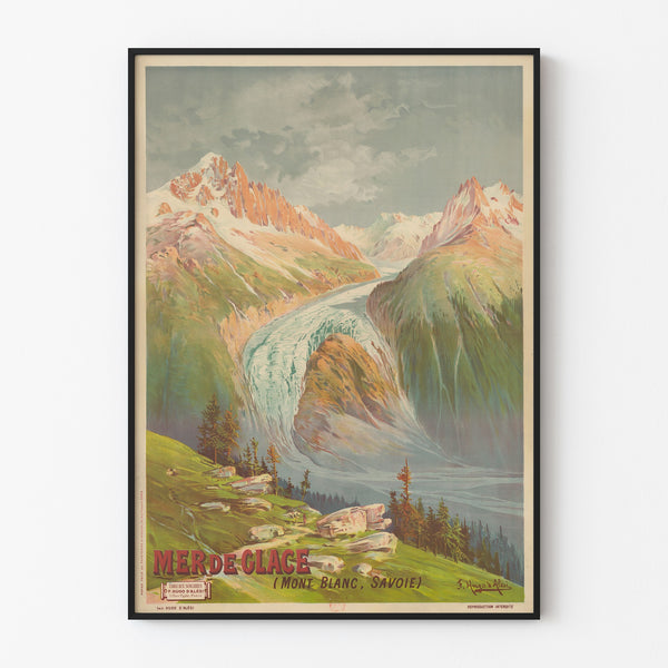Poster scolastico d’epoca – Mer de Glace – Hugo d’Alési, presentato in una cornice sottile su una parete chiara.