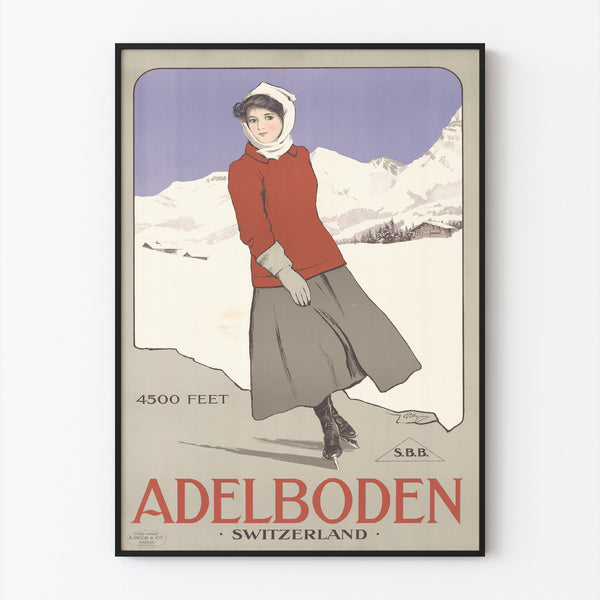Manifesto Svizzera vintage – Adelboden – Carlo Pellegrini, 1905, presentato in una cornice sottile su una parete chiara.