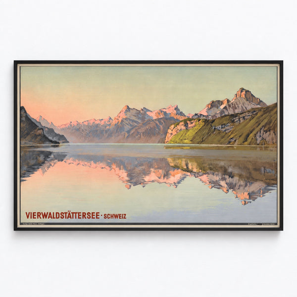 Manifesto svizzero vintage – Lago dei Quattro Cantoni – Jakob Wyss, presentato in una cornice sottile su una parete chiara.