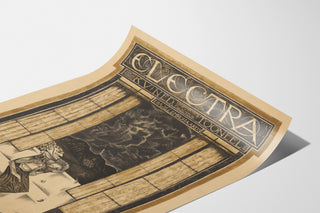 Manifesto teatrale d’epoca – Electra – Richard Roland Holst, su una pagina leggermente incurvata, prospettiva obliqua.