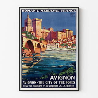 Manifesto turistico vintage – Avignone, Francia romanica e medievale, inserito in una cornice sottile su una parete chiara.