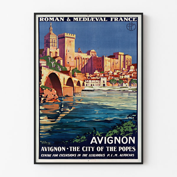 Manifesto turistico vintage – Avignone, Francia romanica e medievale, inserito in una cornice sottile su una parete chiara.