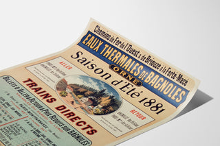 Manifesto turistico d’epoca – Bagnoles, acque termali, presentato su una stampa leggermente arrotolata, visto in prospettiva.