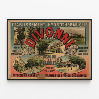 Manifesto turistico vintage – Divonne — Soggiorno di famiglia vicino al lago di Ginevra, presentato in una cornice sottile su una parete chiara.