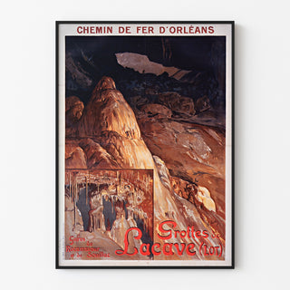 Manifesto turistico vintage – Grotte di Lacave, Rocamadour, presentato in una cornice sottile su una parete chiara.