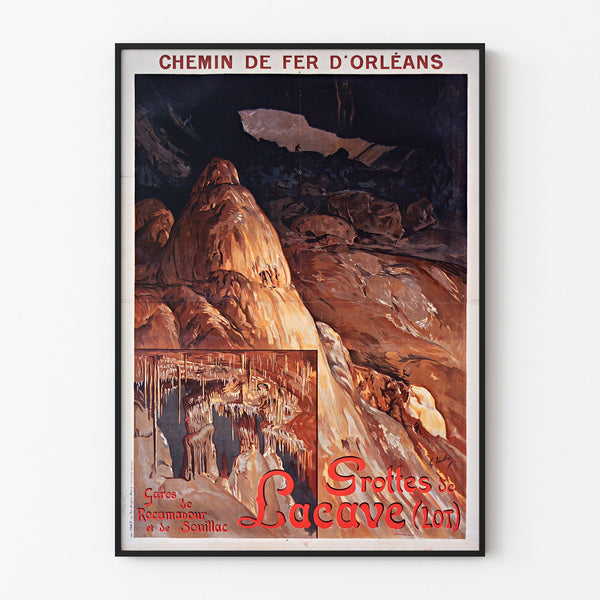 Manifesto turistico vintage – Grotte di Lacave, Rocamadour, presentato in una cornice sottile su una parete chiara.