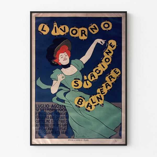 Manifesto turistico vintage – Livorno, stagione balneare, esposto in una cornice sottile su una parete chiara.