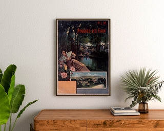 Manifesto turistico vintage – Pougues-les-Eaux, PLM, incorniciato sopra una credenza in legno, tra delle piante.