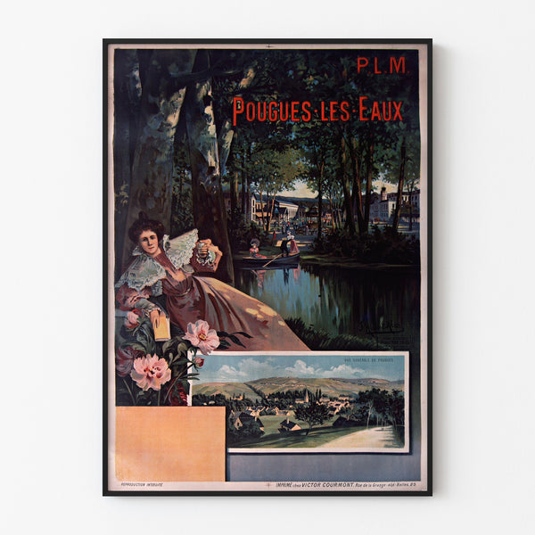 Manifesto turistico d’epoca – Pougues-les-Eaux, PLM, presentato in una cornice sottile su una parete chiara.