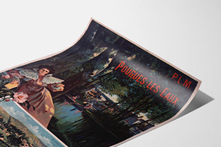 Manifesto turistico vintage – Pougues-les-Eaux, PLM, presentato su una pagina curva, vista in prospettiva.