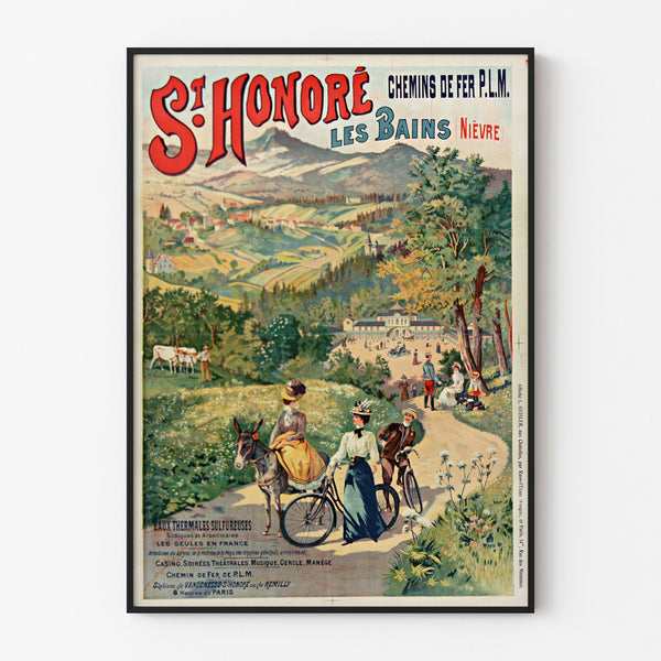 Manifesto turistico vintage – Saint-Honoré-les-Bains, acque termali, esposto in una cornice sottile su una parete chiara.