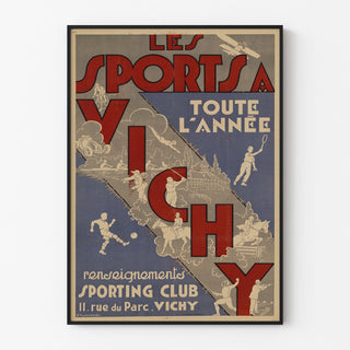 Manifesto turistico vintage – Vichy, sport tutto l’anno, presentato in una cornice sottile su una parete chiara.