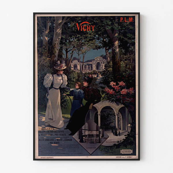 Manifesto turistico vintage – Vichy, PLM, presentato in una cornice sottile su una parete chiara.