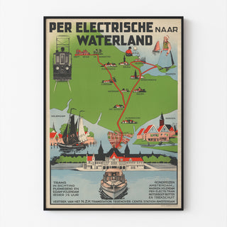 Manifesto turistico vintage – Waterland, tram elettrico, presentato in una cornice sottile su una parete chiara.
