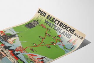 Manifesto turistico vintage – Waterland, tram elettrico, mostrato su un foglio curvo, vista prospettica.