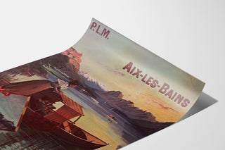 Manifesto vintage Aix-les-Bains, biglietti collettivi PLM, mostrato su una pagina curva, vista prospettica.