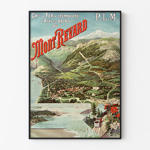 Manifesto vintage Aix-les-Bains, Mont-Revard, cremagliera, esposto in cornice sottile su una parete chiara.