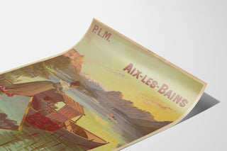 Manifesto vintage Aix-les-Bains, PLM, mostrato su una pagina curva, vista prospettica.