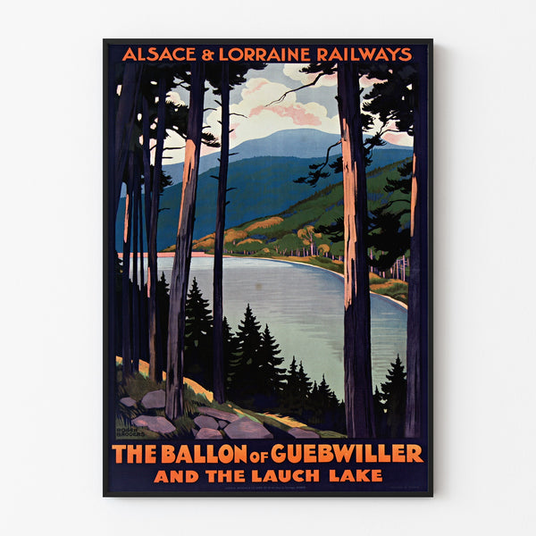 Manifesto vintage Alsace-Lorraine, pallone di Guebwiller, esposto in una cornice sottile su una parete chiara.