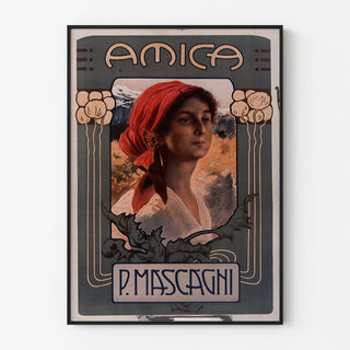 Manifesto vintage Amica, opera, esposto in una cornice sottile su una parete chiara.