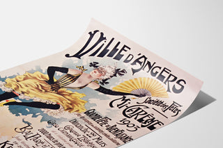 Manifesto vintage Angers, mi-carême, presentato su una pagina curva, visto in prospettiva.