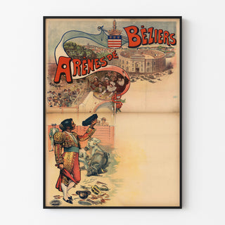 Manifesto vintage Arènes de Béziers, presentato in una cornice sottile su una parete chiara.