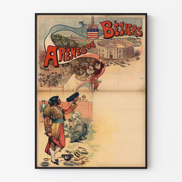 Manifesto vintage Arènes de Béziers, presentato in una cornice sottile su una parete chiara.