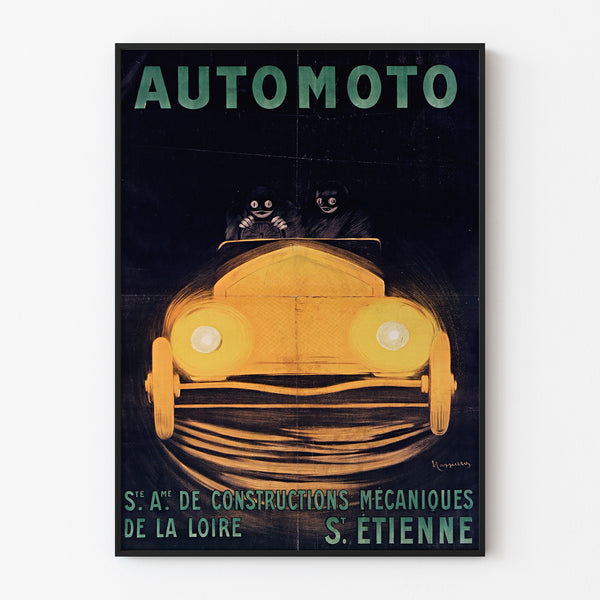 Manifesto vintage Automoto, Saint-Étienne, presentato in una cornice sottile su una parete chiara.