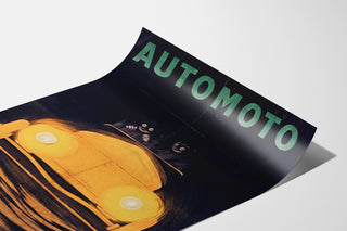 Manifesto vintage Automoto, Saint-Étienne, presentato su una pagina curva, visto in prospettiva.