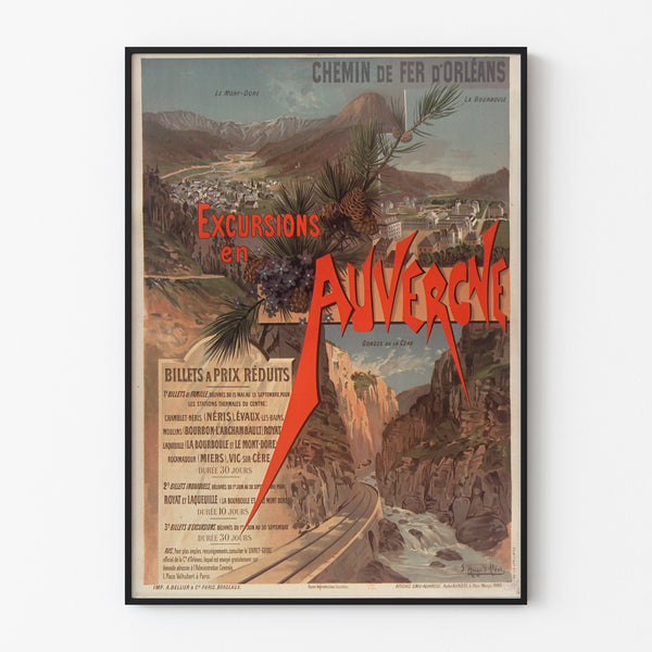 Manifesto d’epoca Auvergne, escursioni Orléans, presentato in una cornice sottile su una parete chiara.